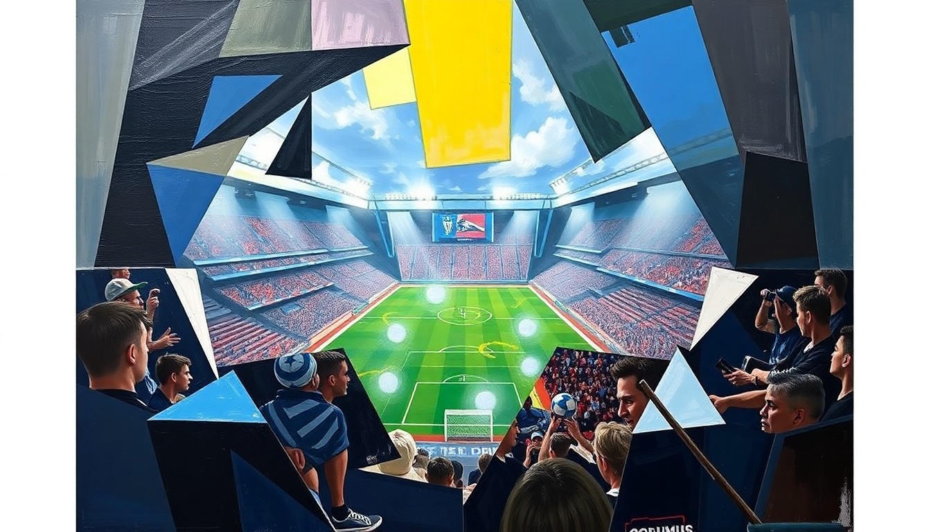 A cubist-style painting depicting a soccer match in sharp, overlapping geometric shapes and planes, conveying the dynamic action and energy of the game.