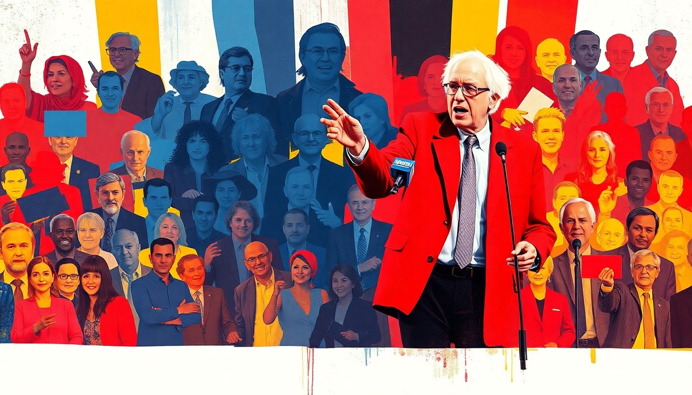 A dynamic, abstract painting of two figures speaking on a stage, their forms repeated in overlapping, fractured geometric shapes in vibrant red, blue, and yellow, conveying the energy and momentum of a political rally.