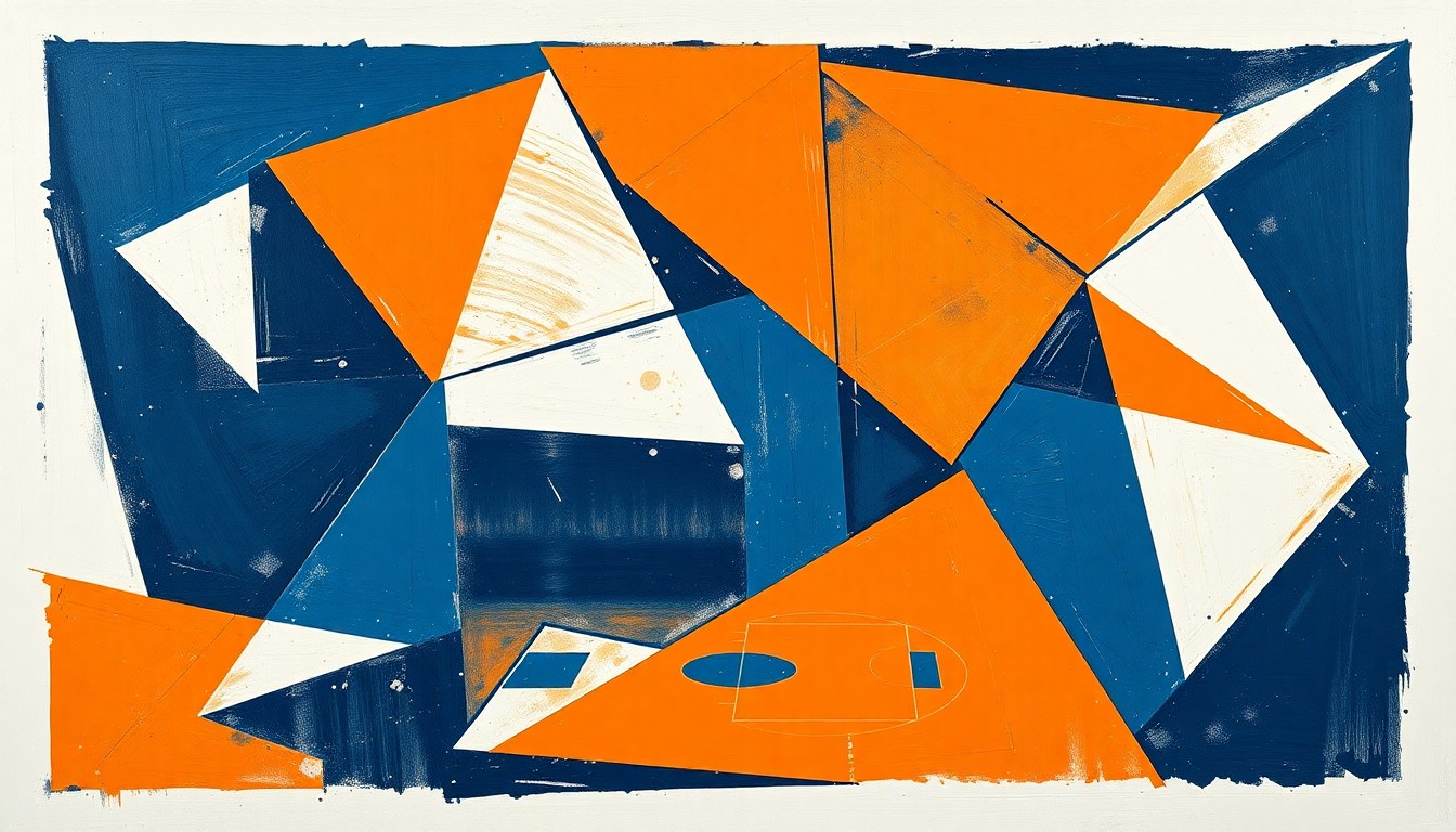 A cubist, geometric painting depicting the overlapping movements and perspectives of a college basketball game, with sharp planes of burnt orange, navy blue, and white.