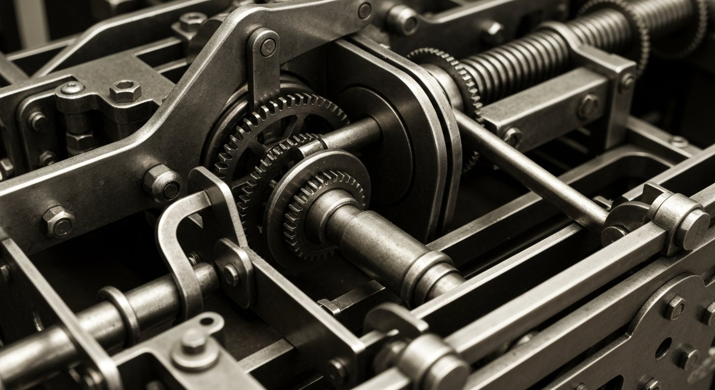 An extreme close-up of a complex, industrial-looking tax filing mechanism, with gears, levers, and intricate metalwork, conceptually representing the heavy, mechanical nature of the tax system.