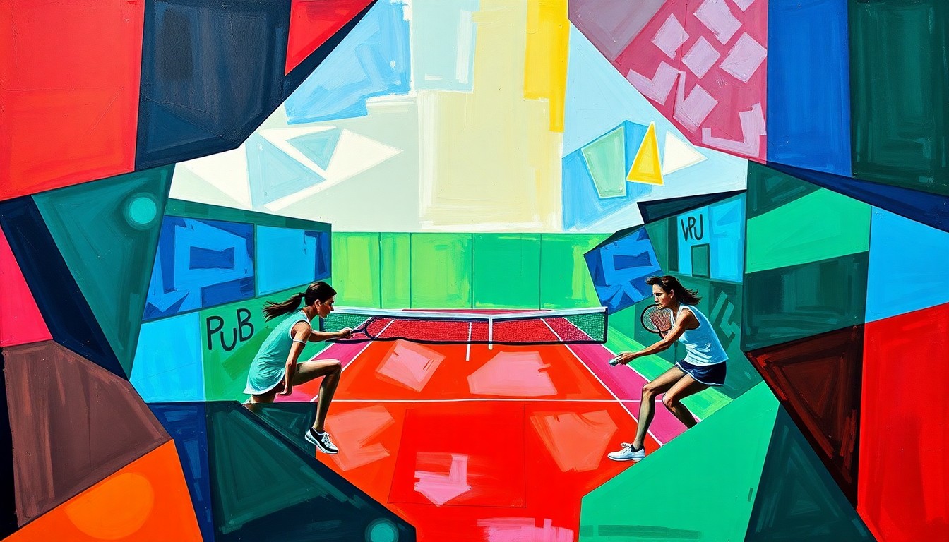 A fractured, cubist-style painting depicting the dynamic movements and energy of a women's tennis match, with sharp geometric shapes and vibrant colors capturing the competitive spirit of the sport.