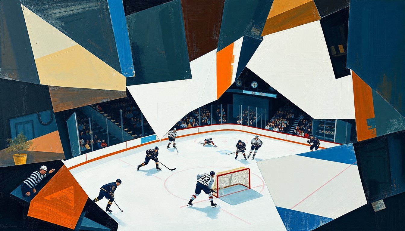 A cubist, geometric painting depicting a hockey game, with players and the puck fragmented into sharp, overlapping shapes and planes, conveying the intensity and chaos of the Islanders' elimination from playoff contention.