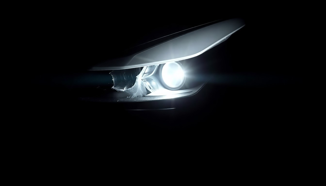 An extreme close-up photograph of a shattered Tesla Model 3 headlight lens, lit by a harsh, direct camera flash against a pitch-black background, conveying the stark, gritty aftermath of the crash.