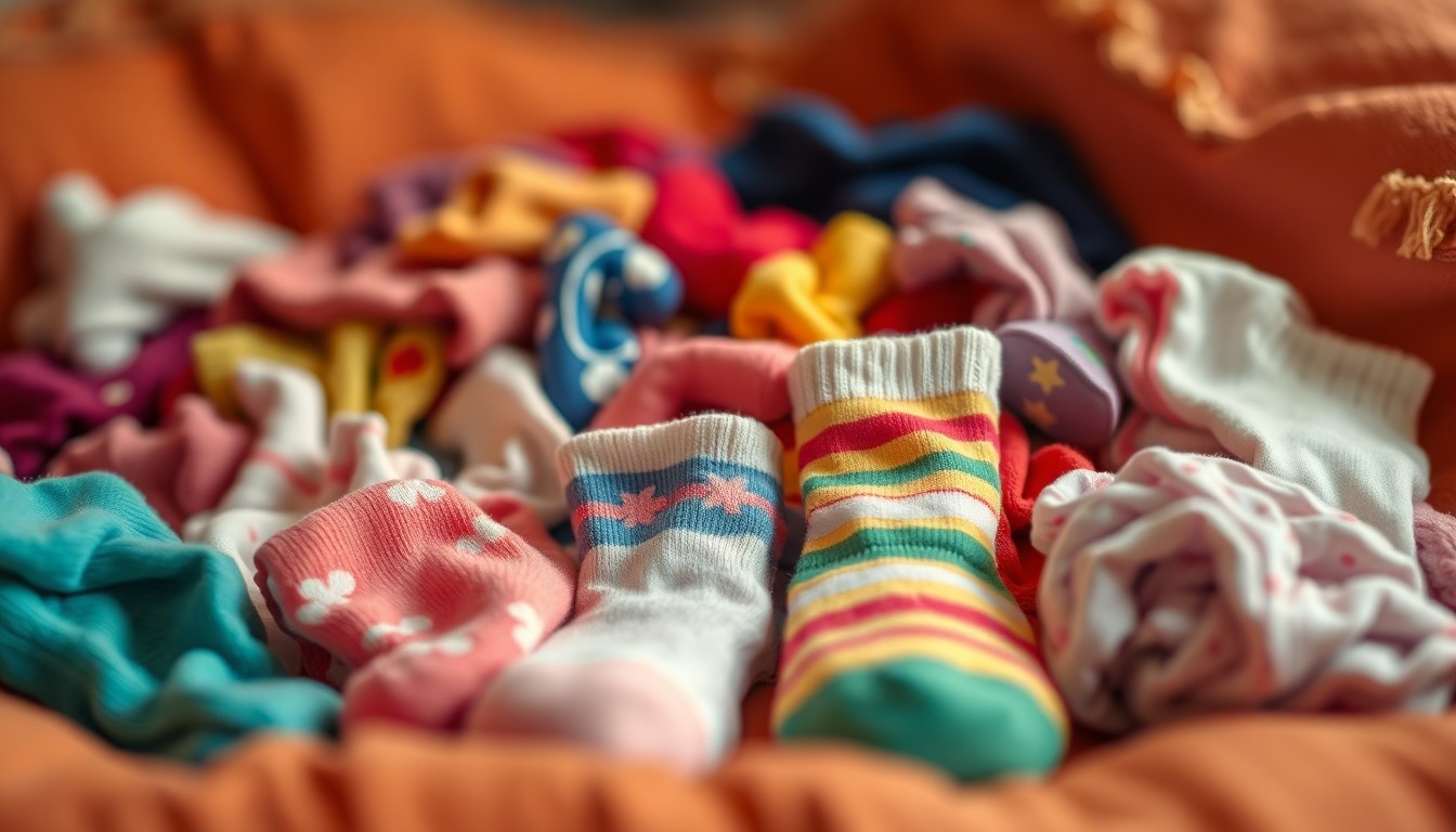 An abstract, blurred photograph in soft, warm tones depicting a pile of colorful children's socks and underwear, conveying the intimate feeling of providing essential care.