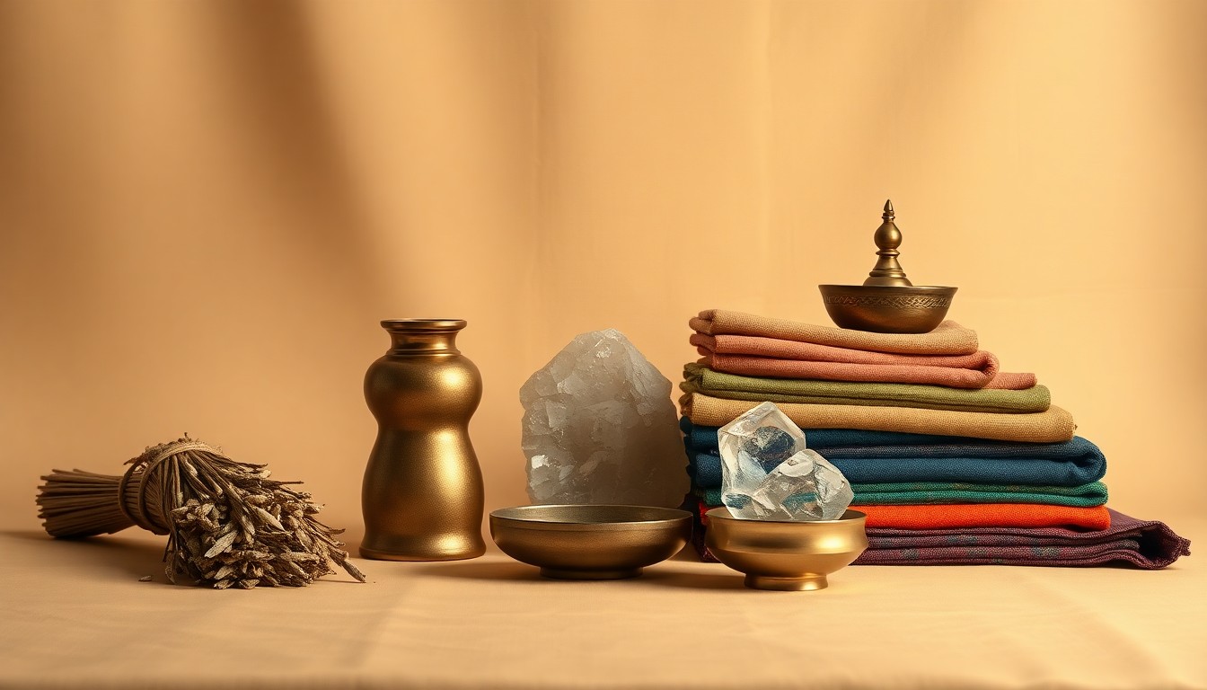 A high-end, photorealistic studio still-life photograph featuring a collection of premium, polished objects representing the diverse inventory of the Spectrum India store, including a bundle of sage, a crystal geode, a brass incense holder, and a stack of colorful fabrics. The objects are arranged elegantly on a clean, monochromatic seamless background using sharp, dramatic studio lighting and deep shadows to convey a sense of bittersweet nostalgia about the store's impending closure.