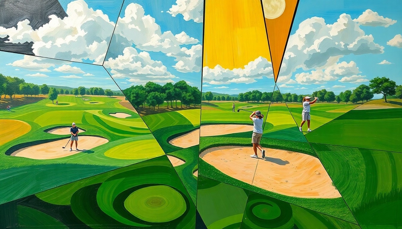 A cubist-style painting featuring overlapping geometric shapes and planes in shades of green, brown, and white, representing the various elements of a high school girls golf tournament scene without any identifiable people or logos.
