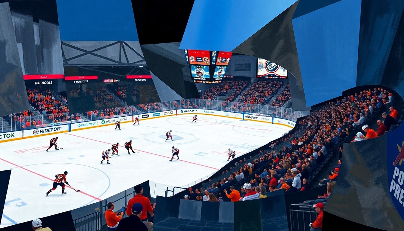 A cubist-style painting depicting a hockey game, with the players and crowd fragmented into overlapping geometric shapes and planes, conveying the raw emotion and movement of the Islanders' final home game.