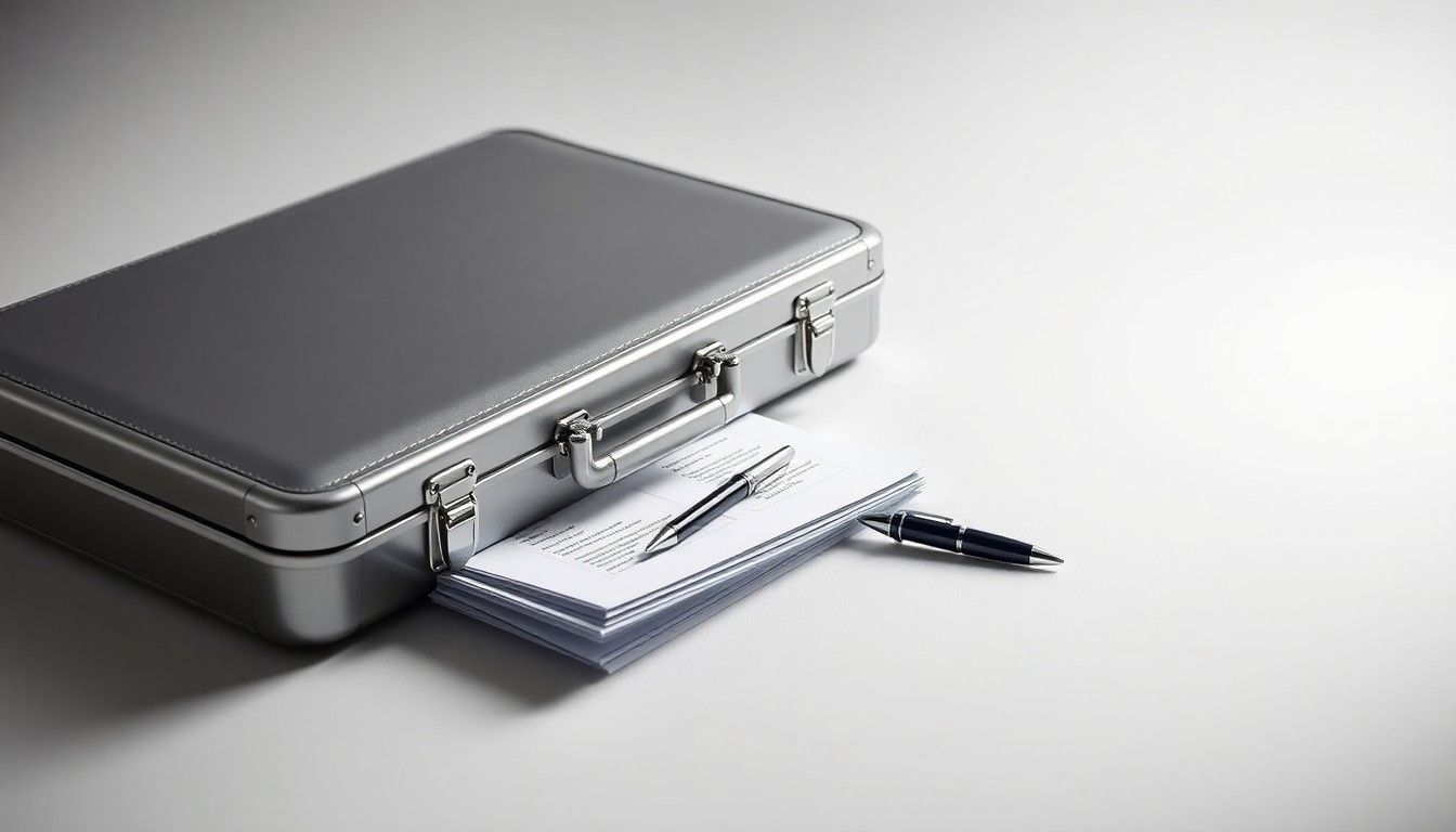 A minimalist, high-end studio still life photograph featuring a polished metal briefcase, a stack of financial documents, and a pen, arranged elegantly on a clean, monochromatic background to symbolize the strategic advisory services and corporate transactions that Barclays' new M&A team will be focused on.