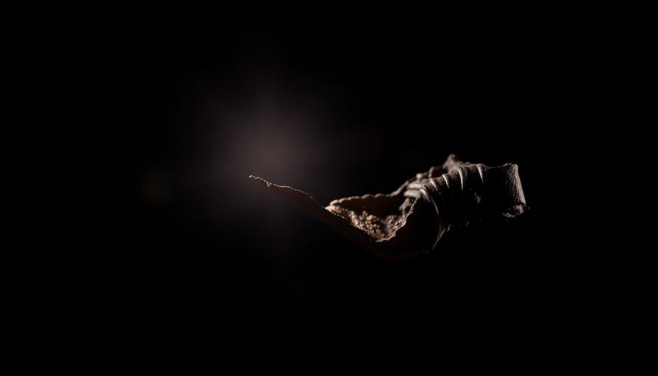 An extreme close-up of a charred, twisted metal object from a crime scene, lit by a harsh flash against a dark background, creating a stark, investigative aesthetic.