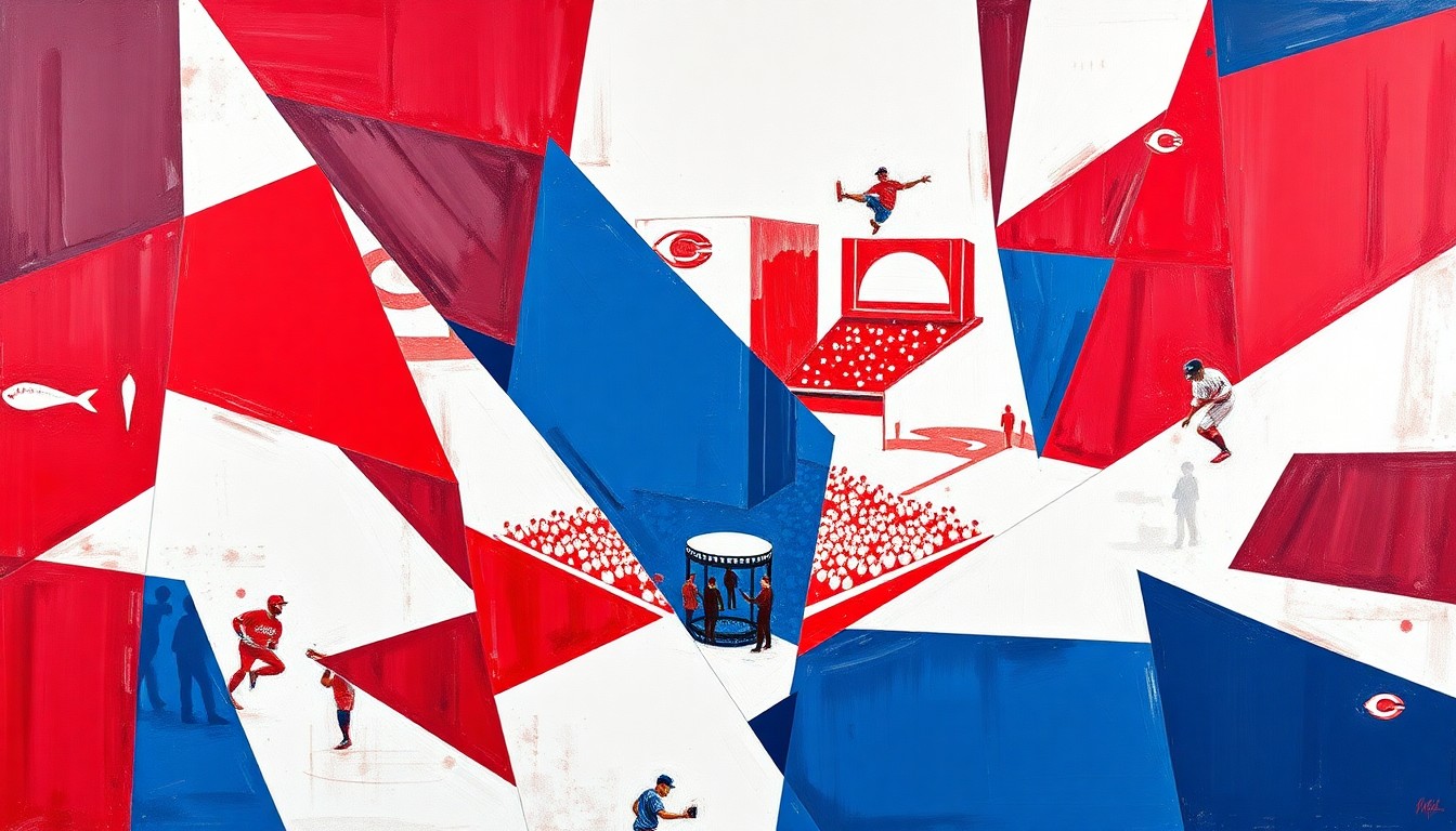 A cubist, fragmented painting depicting a Reds baseball game, with sharp planes of red, navy, and white representing the players, field, and crowd in an abstract, deconstructed style.