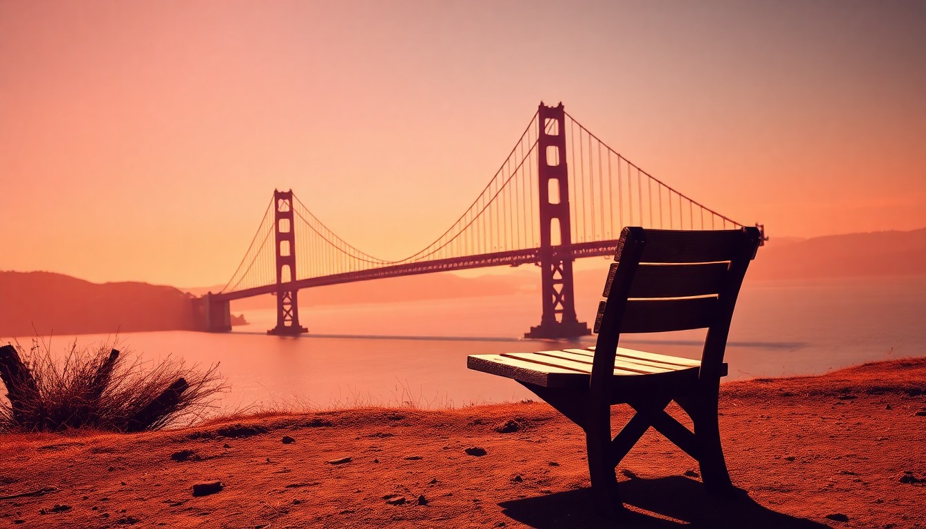 A serene, cinematic painting of a weathered wooden bench with the iconic Golden Gate Bridge visible in the distance, the scene bathed in warm, diagonal sunlight and deep shadows, conveying a sense of uncertainty about the future of this San Francisco landmark.