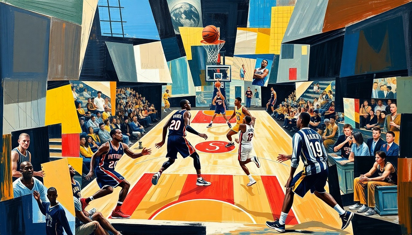 A fragmented, geometric painting depicting the dynamic movements and energy of a basketball game, with players' bodies and the court broken down into sharp, overlapping planes of color.
