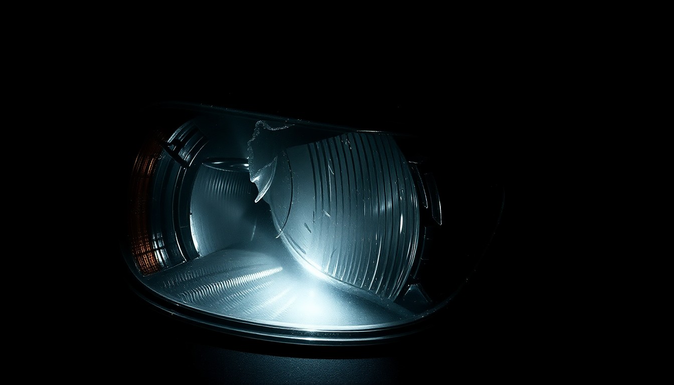 An extreme close-up photograph of a damaged car part, such as a broken headlight or twisted metal, lit by a harsh, direct camera flash against a pitch-black background, conceptually illustrating the investigation into the mechanical failure that may have caused a serious car crash.