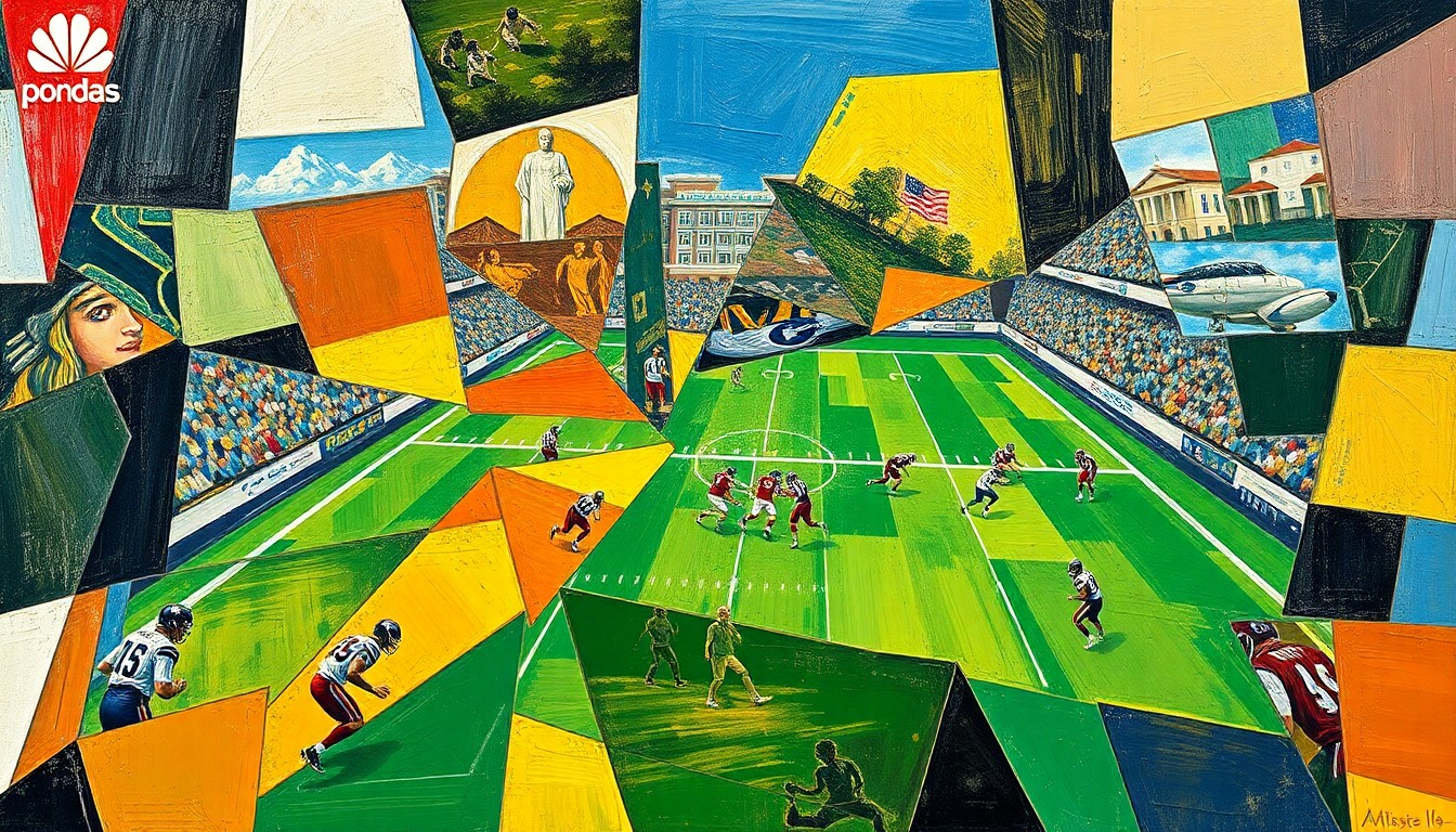 A cubist, geometric painting depicting a football game broken down into overlapping, angular shapes and planes, capturing the diverse skills and potential of the prospects showcased at the Chiefs' Local Pro Day.