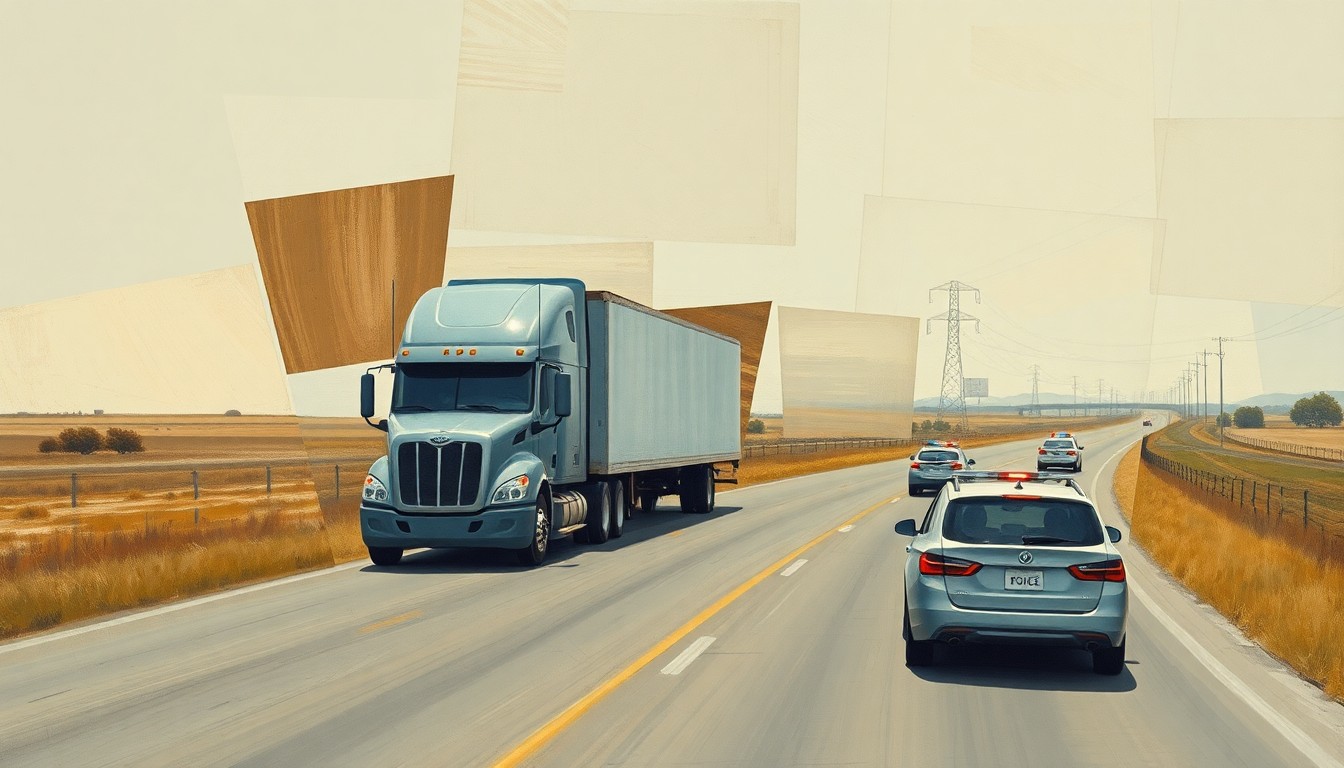 A cubist-style painting depicting a fractured, geometric scene of a rural highway with a semi-truck and police vehicles, conveying the disruption and chaos of the reported shooting incident.