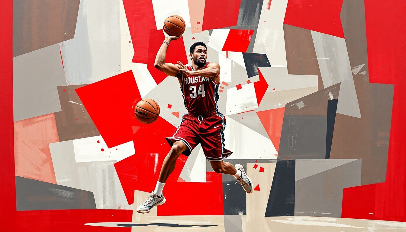 A cubist, geometric painting depicting a basketball player's movements and actions, broken down into sharp, overlapping planes of vibrant red, grey, and white colors.