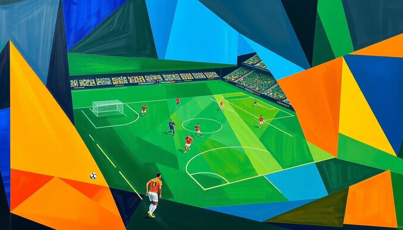 A fractured, multi-perspective painting depicting a soccer match between two teams, with the players and field abstracted into sharp, overlapping geometric shapes in a vibrant color palette, conveying the energy and drama of the game.