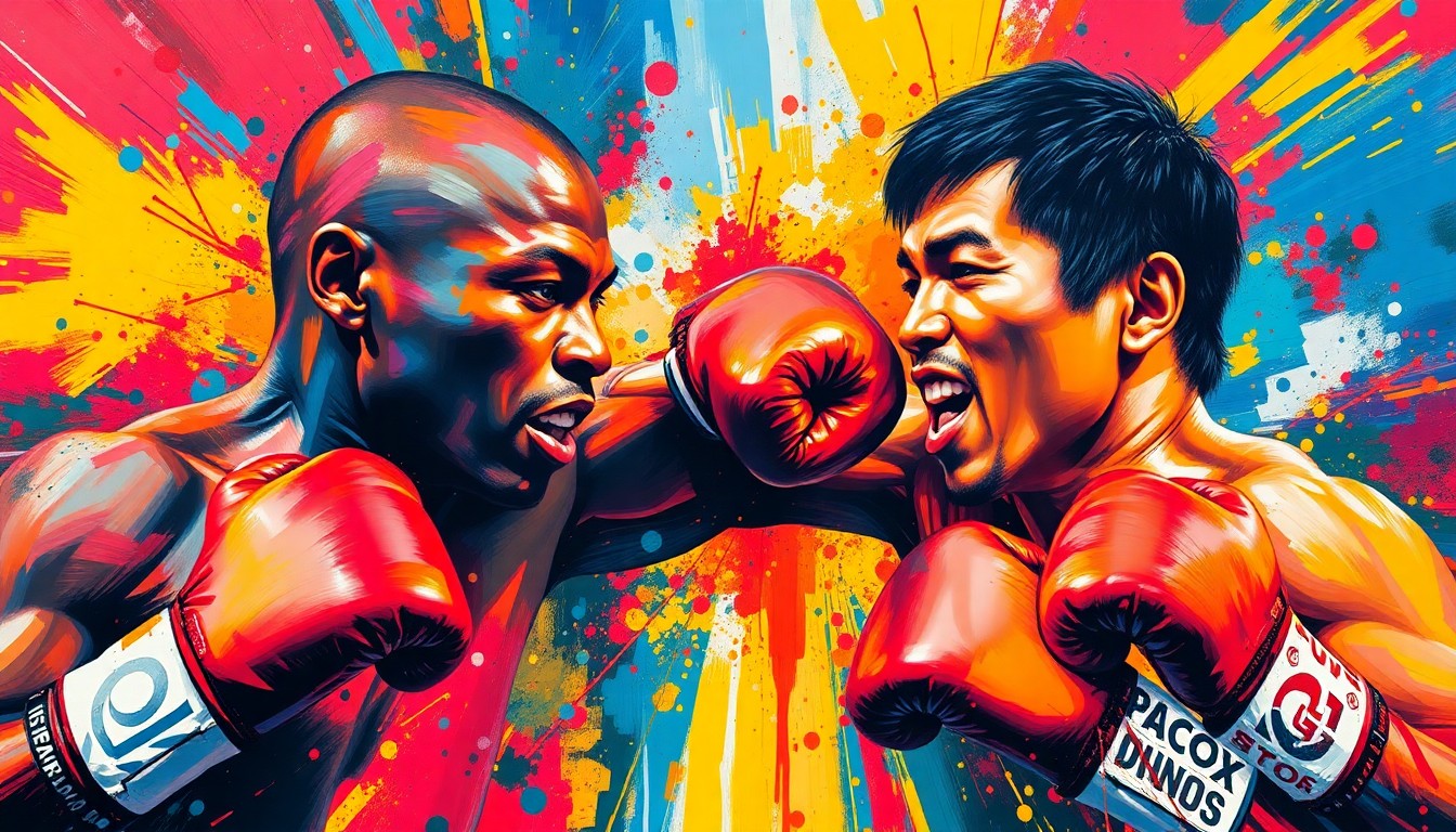An abstract, expressionist painting in vibrant neon colors, capturing the intense energy and movement of a boxing match between two fighters, with their faces and identities blurred into the dynamic brushstrokes.