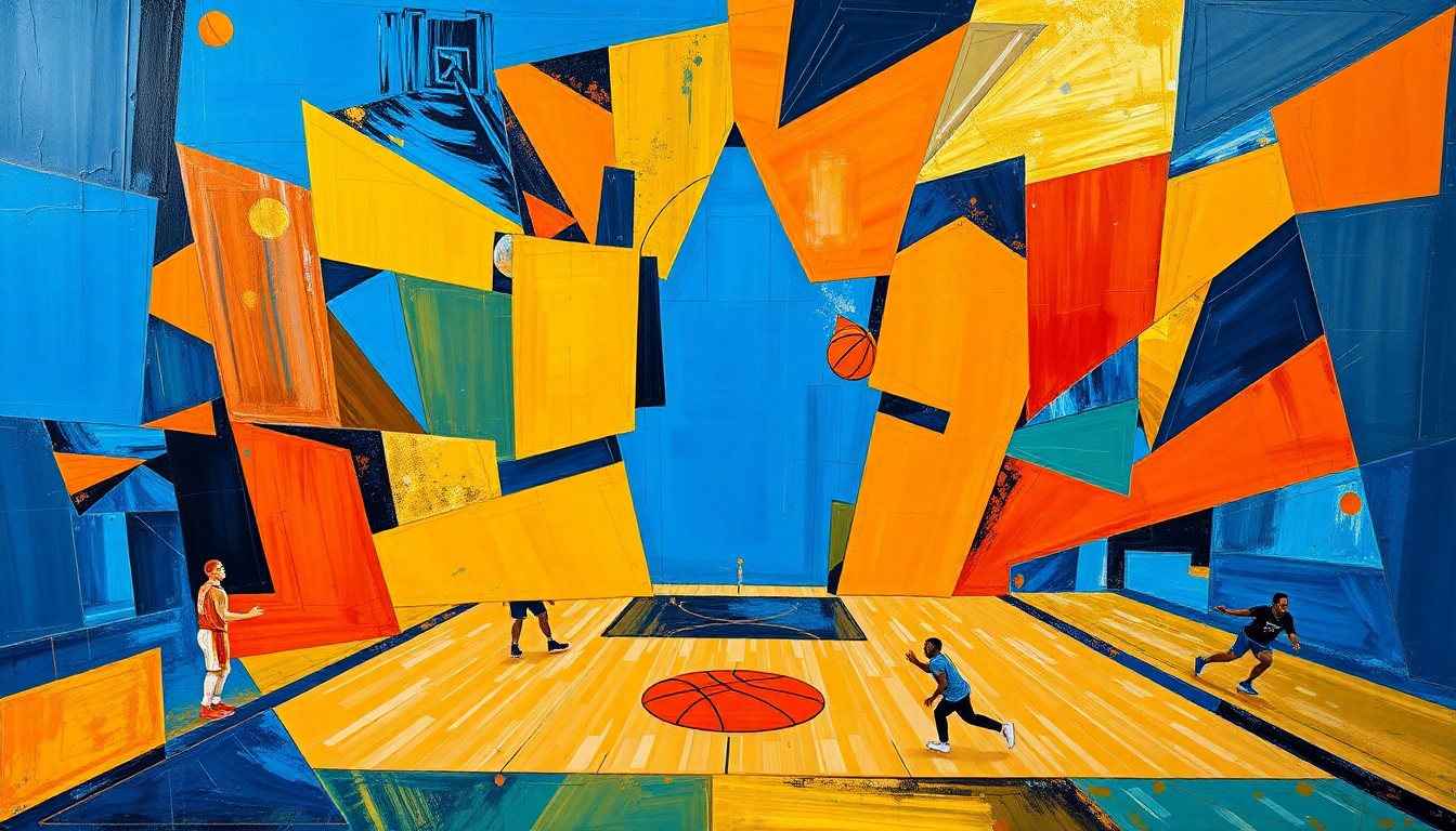 A cubist-style painting depicting a basketball game broken down into overlapping geometric shapes and planes of vibrant colors, capturing the energy and movement of the sport.