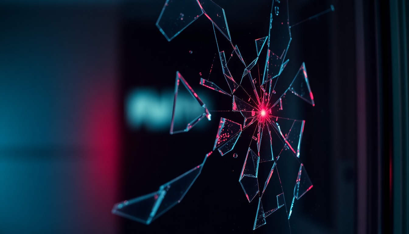 An extreme close-up of a broken window pane with shards of glass reflecting a faint red light, conceptually representing the vandalism and violation of a school's safety.
