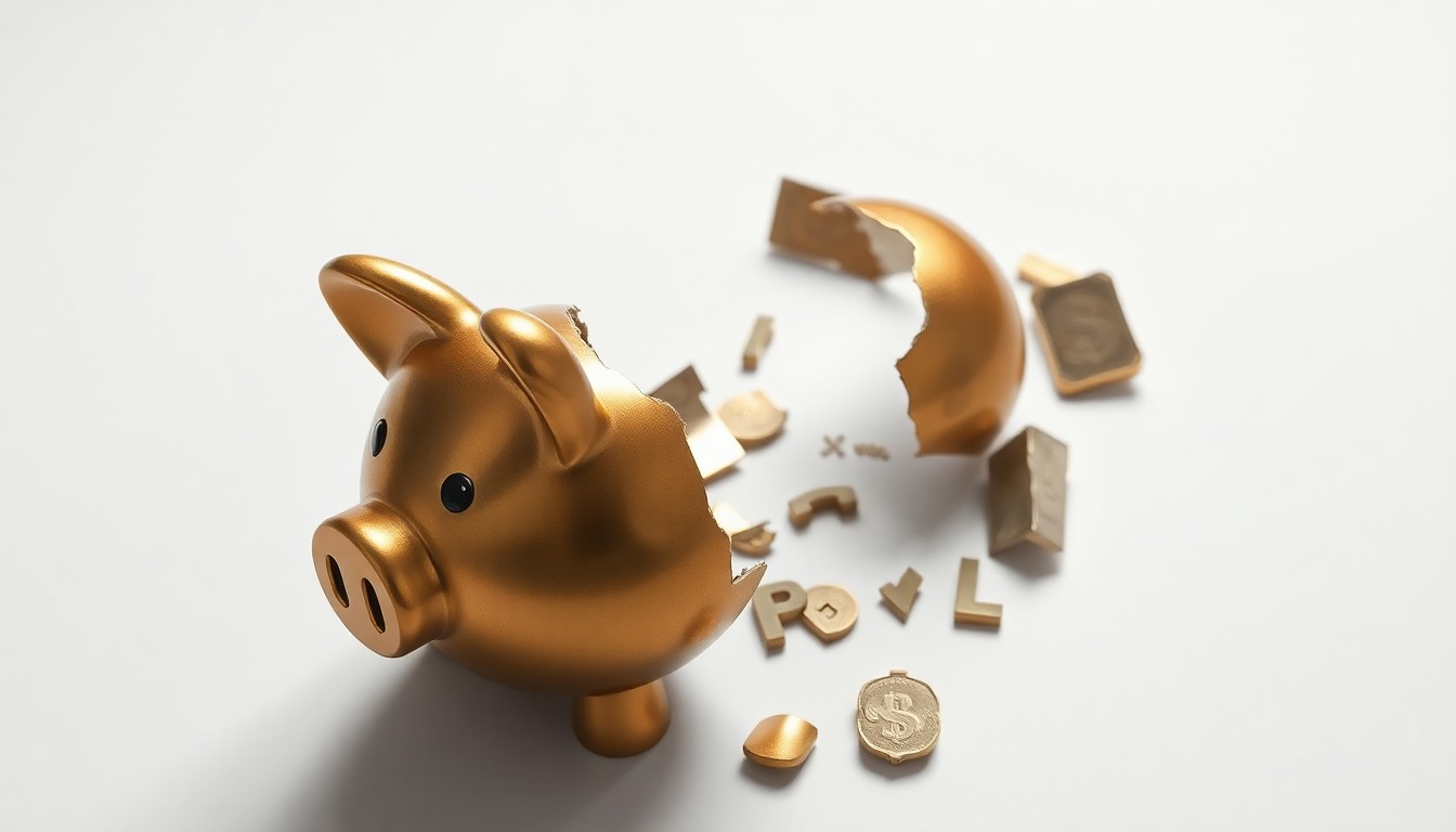 A photorealistic studio still-life image of a broken piggy bank made of polished brass, lying on a clean, monochromatic background and dramatically lit to convey the concept of financial loss and broken trust in an entrepreneurial dispute.