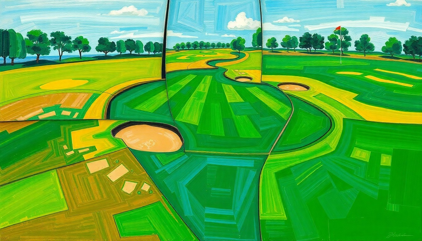 A cubist, geometric painting depicting a deconstructed golf course, with sharp, overlapping planes of green fairways, brown bunkers, and blue skies.