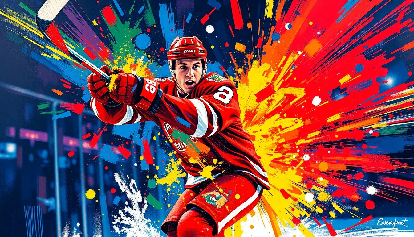 An abstract, expressionist painting in neon colors depicting the dynamic movements and energy of a hockey player scoring a goal, with the player's face and jersey details blurred and dissolved into the vibrant brushstrokes.
