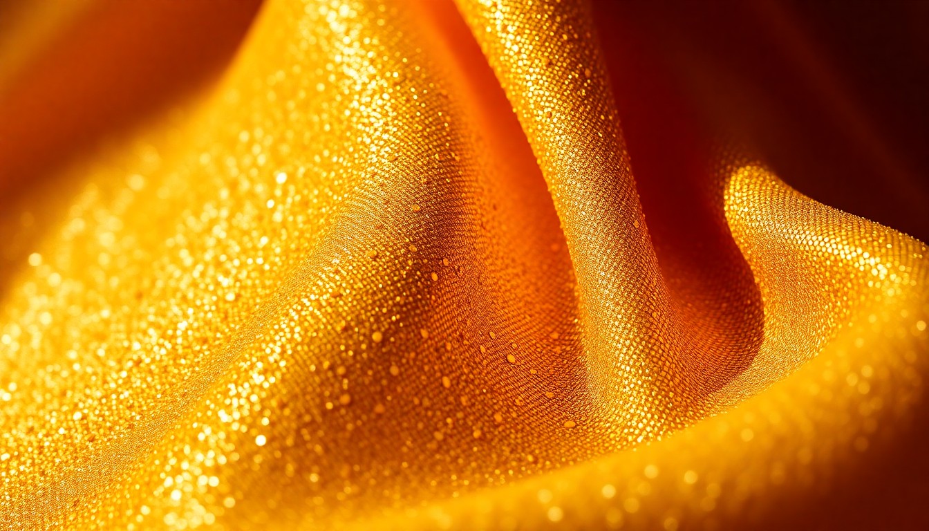 An extreme close-up photograph of a shimmering, textured gold fabric with dramatic shadows and highlights, conveying a sense of luxury and glamour.