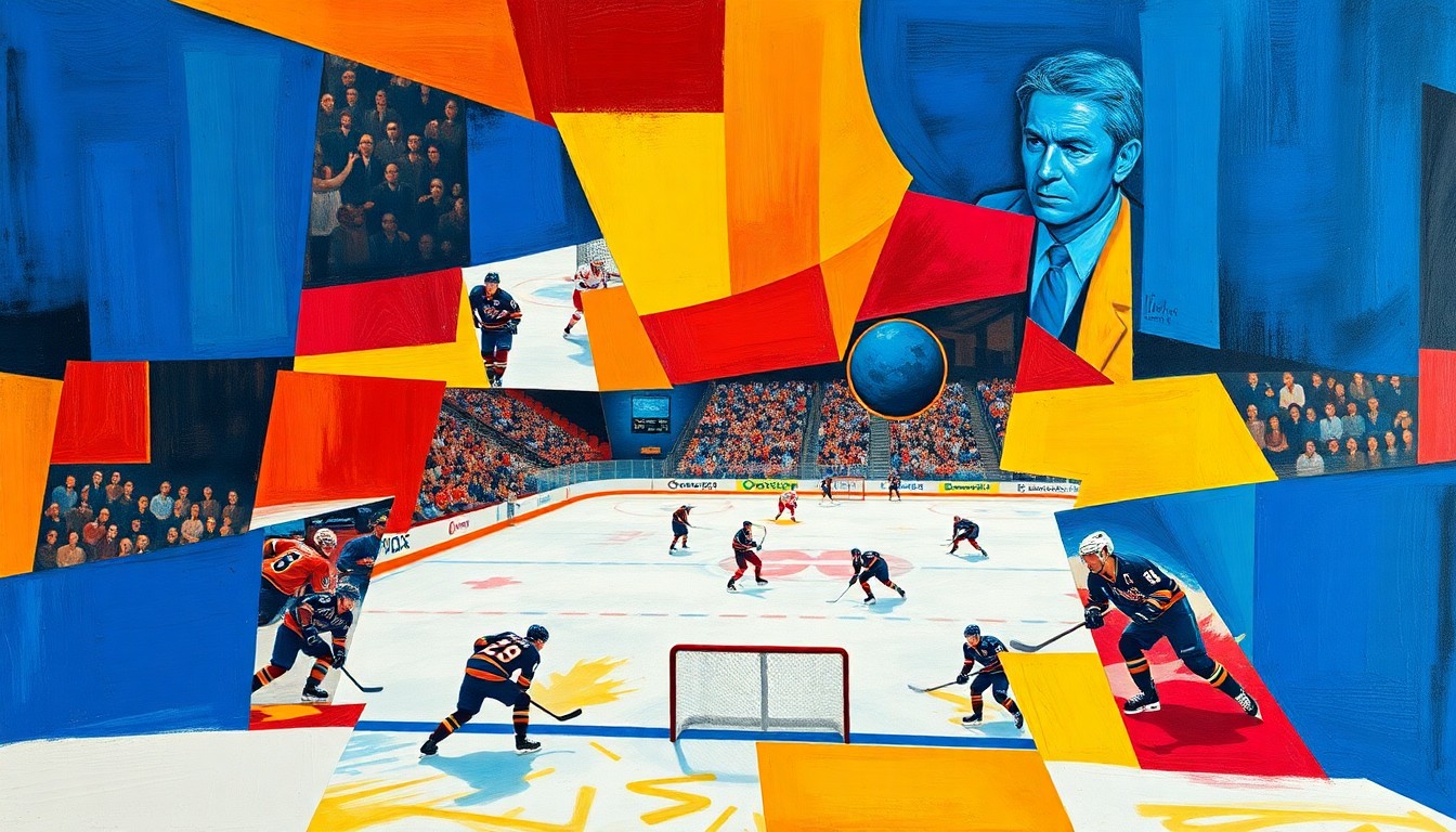 A cubist, geometric painting depicting a hockey game, with players and the puck broken down into overlapping, angular shapes in a vibrant color palette of blues, reds, and yellows, capturing the dynamic energy of the sport.