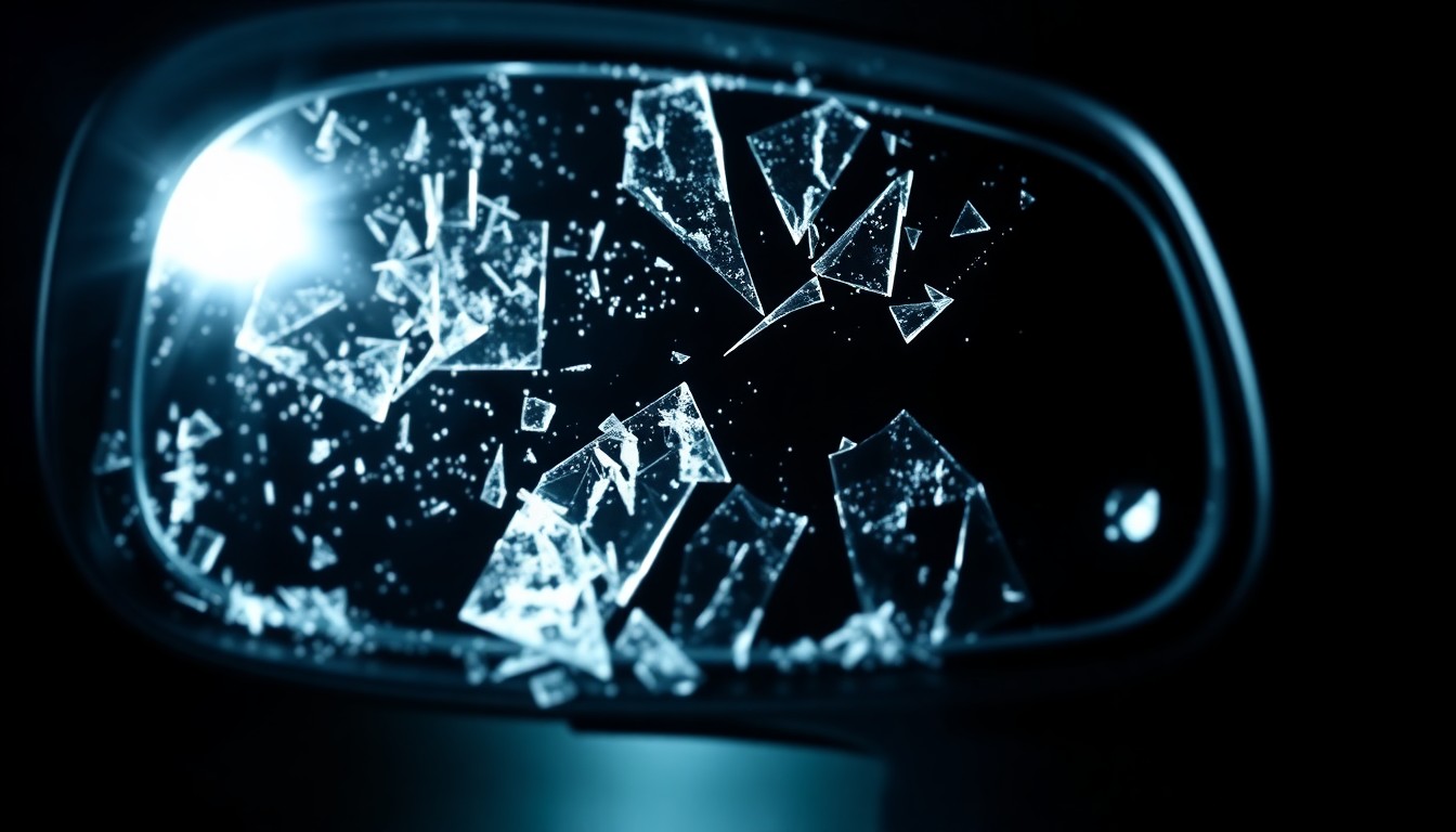 An extreme close-up photograph of damaged car side mirror glass shards against a pitch-black background, lit by a harsh camera flash to create a stark, gritty, investigative aesthetic.