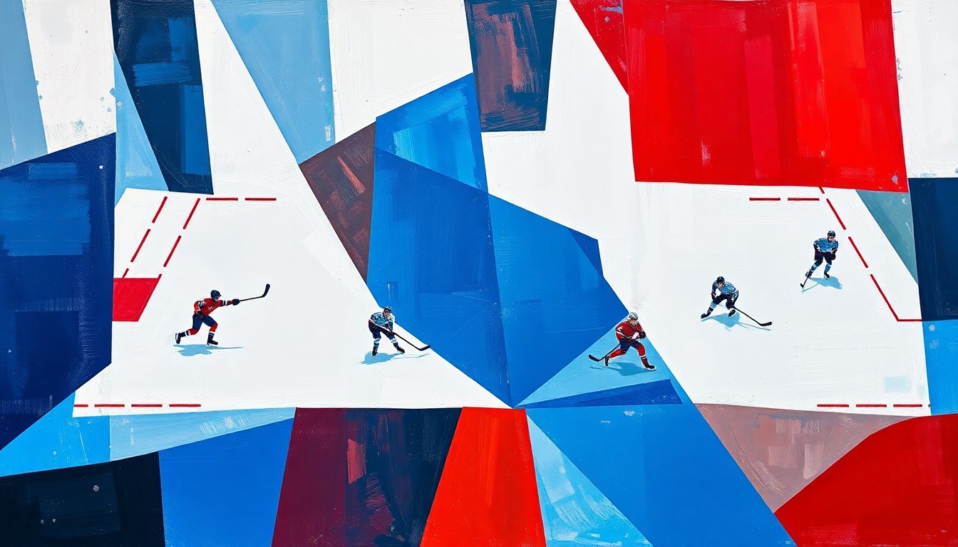 A cubist, geometric painting depicting a fragmented hockey game, with sharp, overlapping planes of blue, white, and red, conceptually representing the complex situation surrounding the Maple Leafs' 2026 draft pick.