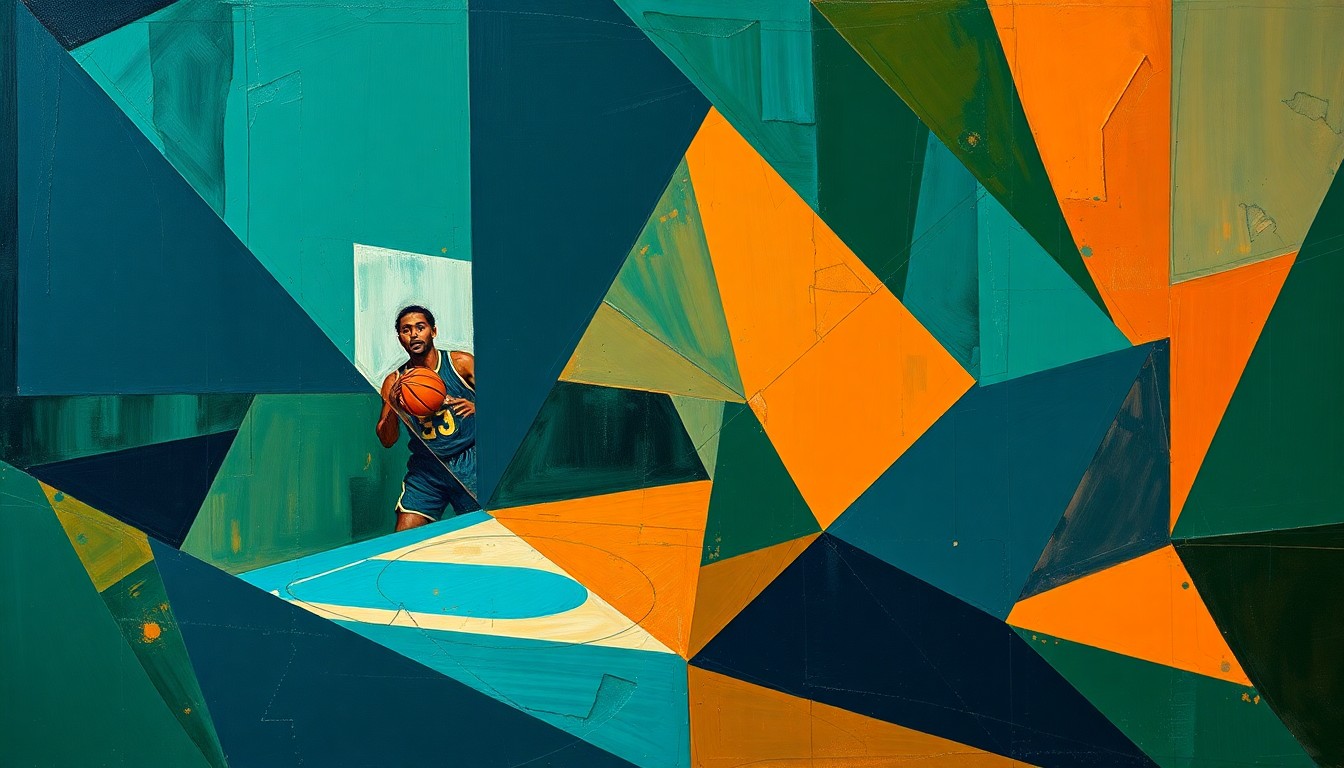 A cubist-style painting featuring overlapping geometric shapes and planes in navy, green, and orange, conceptually representing the fragmented and uncertain future facing the Memphis Grizzlies as they enter the offseason.