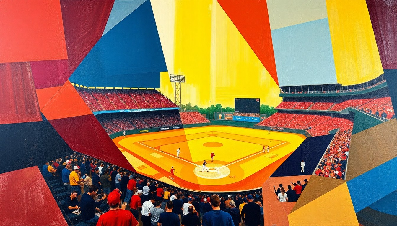A fractured, geometric painting in bold colors depicting the dynamic movements and energy of a college baseball game, with players and the field deconstructed into sharp, overlapping planes.