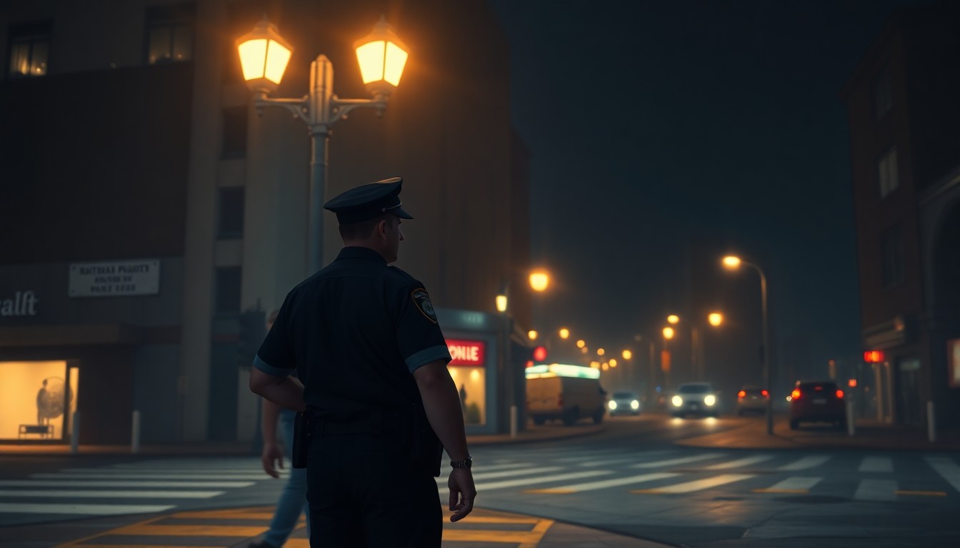 A cinematic painting of a solitary police officer standing alone on a dimly lit city street corner, the warm glow of streetlights casting deep shadows across his face and uniform, conveying a sense of isolation and the heavy burden of upholding public trust.