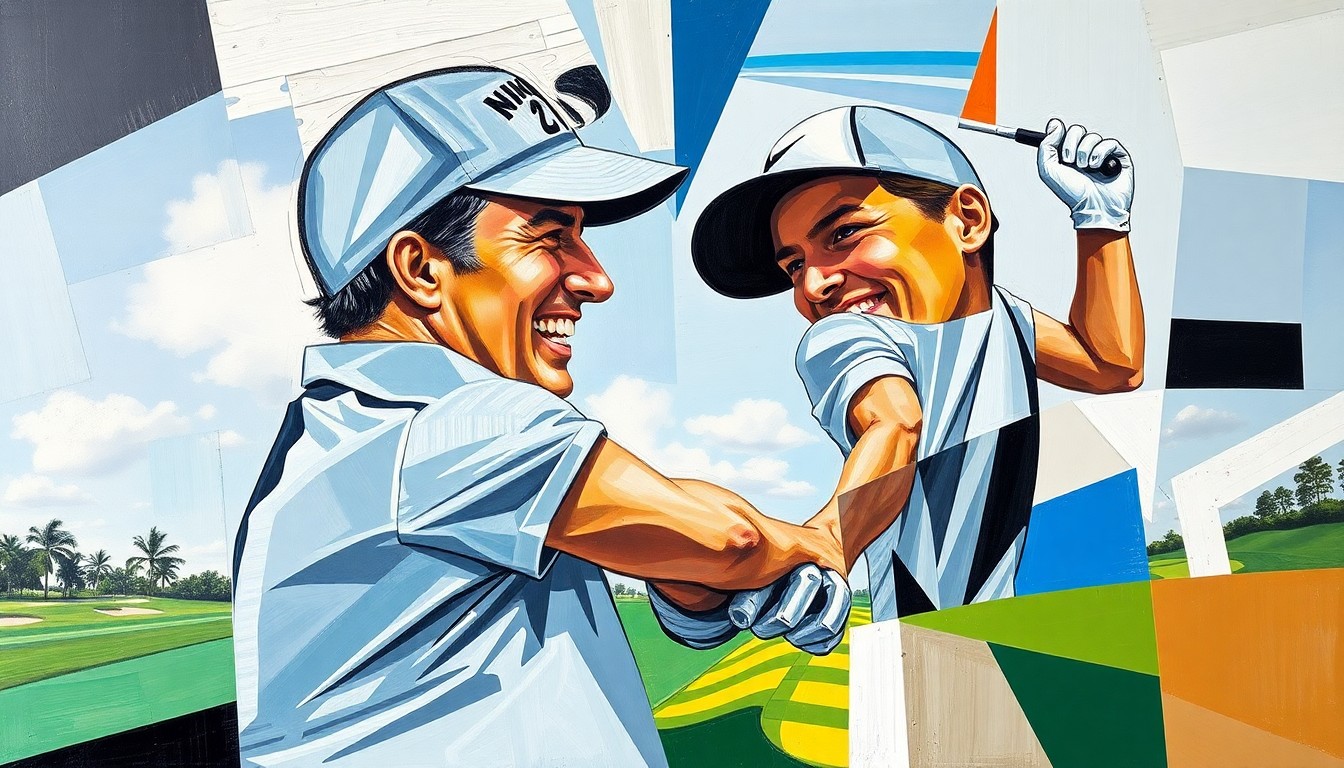 A fragmented, geometric painting depicting the dynamic action of a golf match, with the players' forms and the golf course elements broken down into sharp, overlapping planes of color and shape.