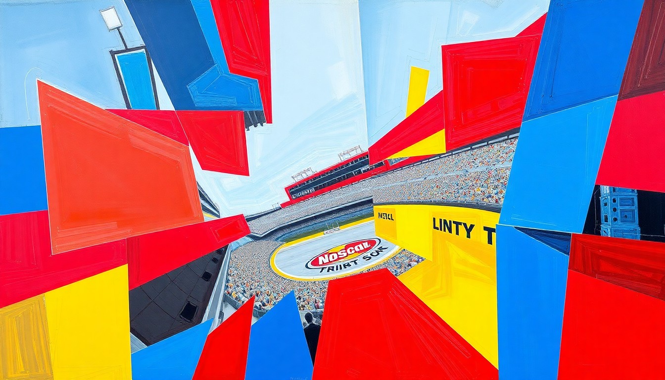 A cubist, geometric painting depicting the chaotic energy and movement of a NASCAR race, with sharp planes of color representing the cars and drivers in competition.