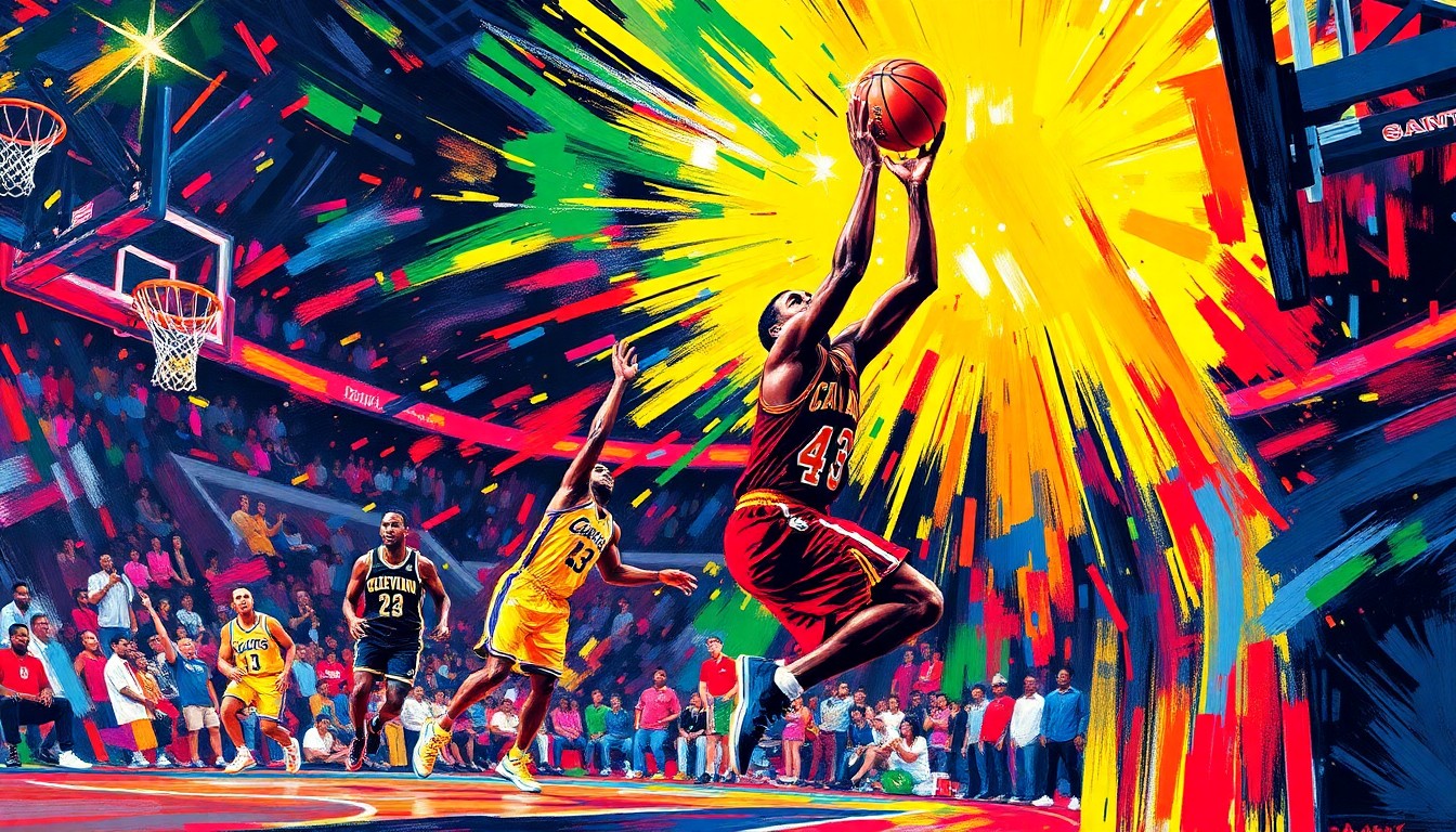 An abstract, expressionist painting in vibrant neon colors, capturing the dynamic movement and energy of a basketball game, with players' forms dissolving into unrecognizable splatters of paint.