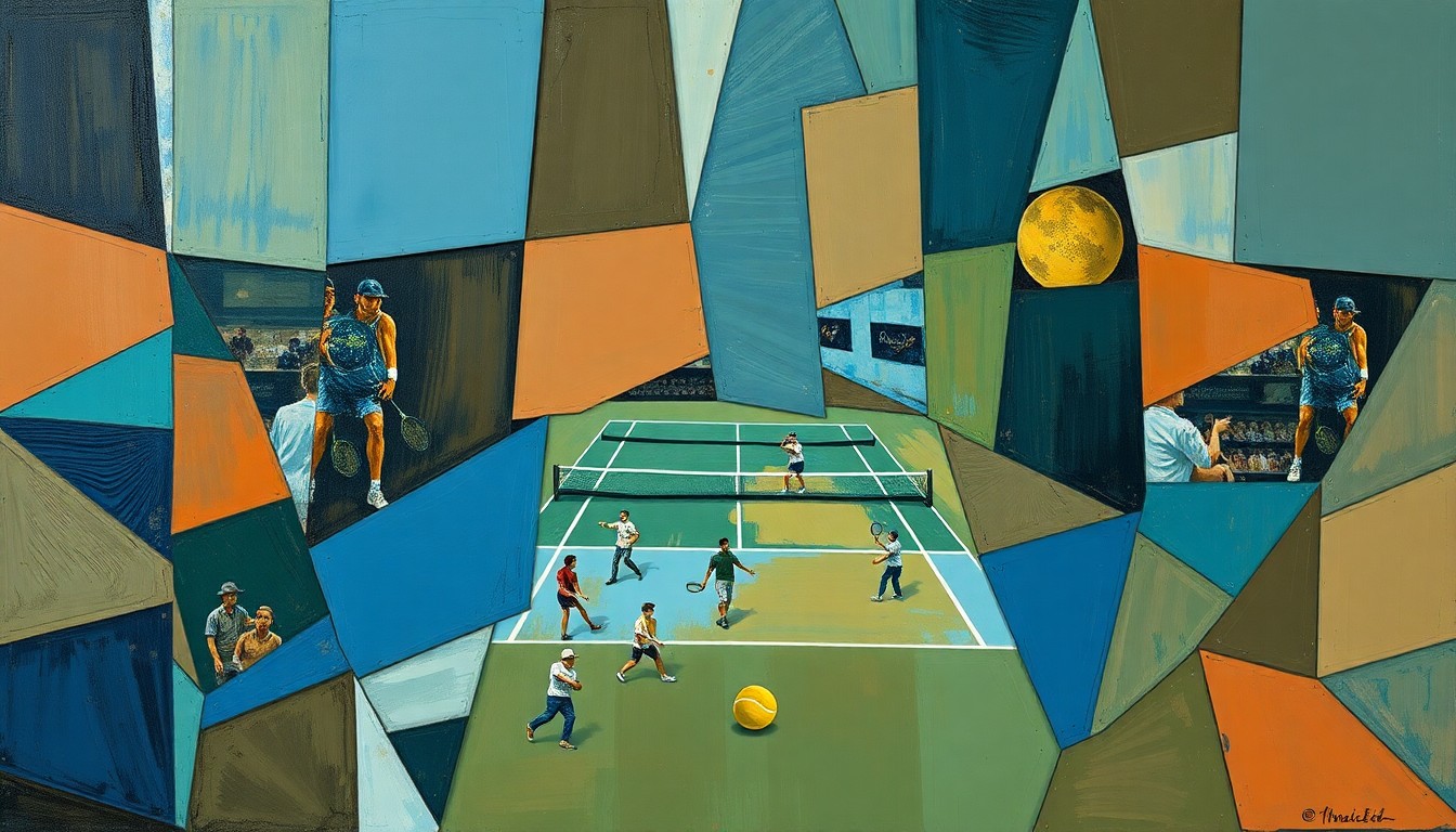 A cubist-style painting featuring overlapping geometric shapes and planes in shades of blue, brown, and green, capturing the fragmented and chaotic nature of a tennis match marred by racial tensions.