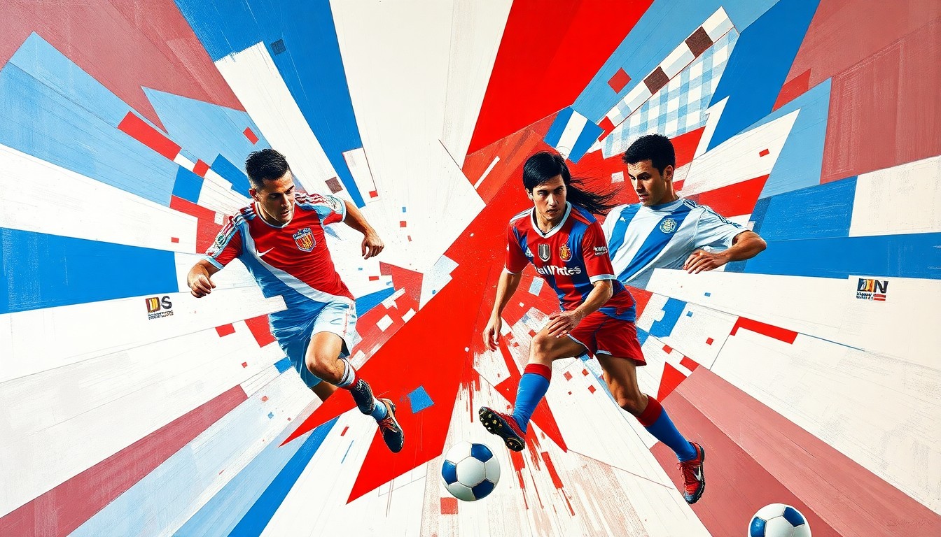 A cubist, geometric painting depicting the action and energy of a football match between two teams, with sharp, overlapping planes of color representing the players and the field of play.