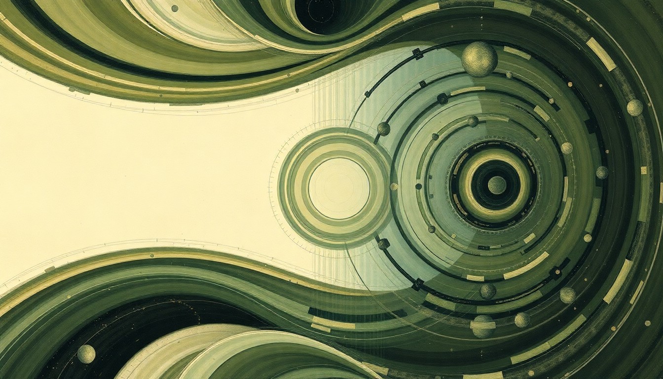 A bold, abstract painting featuring sweeping geometric arcs, concentric circles, and intersecting waveforms in soft, earthy tones of green, blue, and brown, conceptually representing the complex forces and structures of dark matter and early galaxy formation.