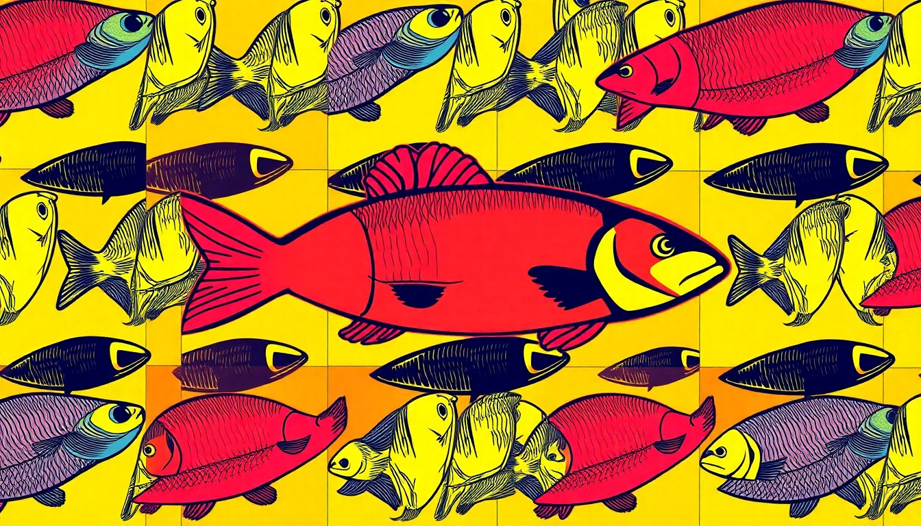 A bold, colorful silkscreen-style illustration featuring a repeated pattern of a vintage fish market sign or iconic seafood item, rendered in a high-contrast, neon-tinged palette that captures the celebratory spirit of Hopkinsville's immigrant community.