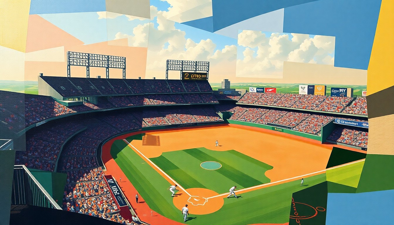 A fragmented, geometric painting depicting the dynamic movements and energy of a baseball game, with players, field, and stadium deconstructed into abstract shapes and planes of color.