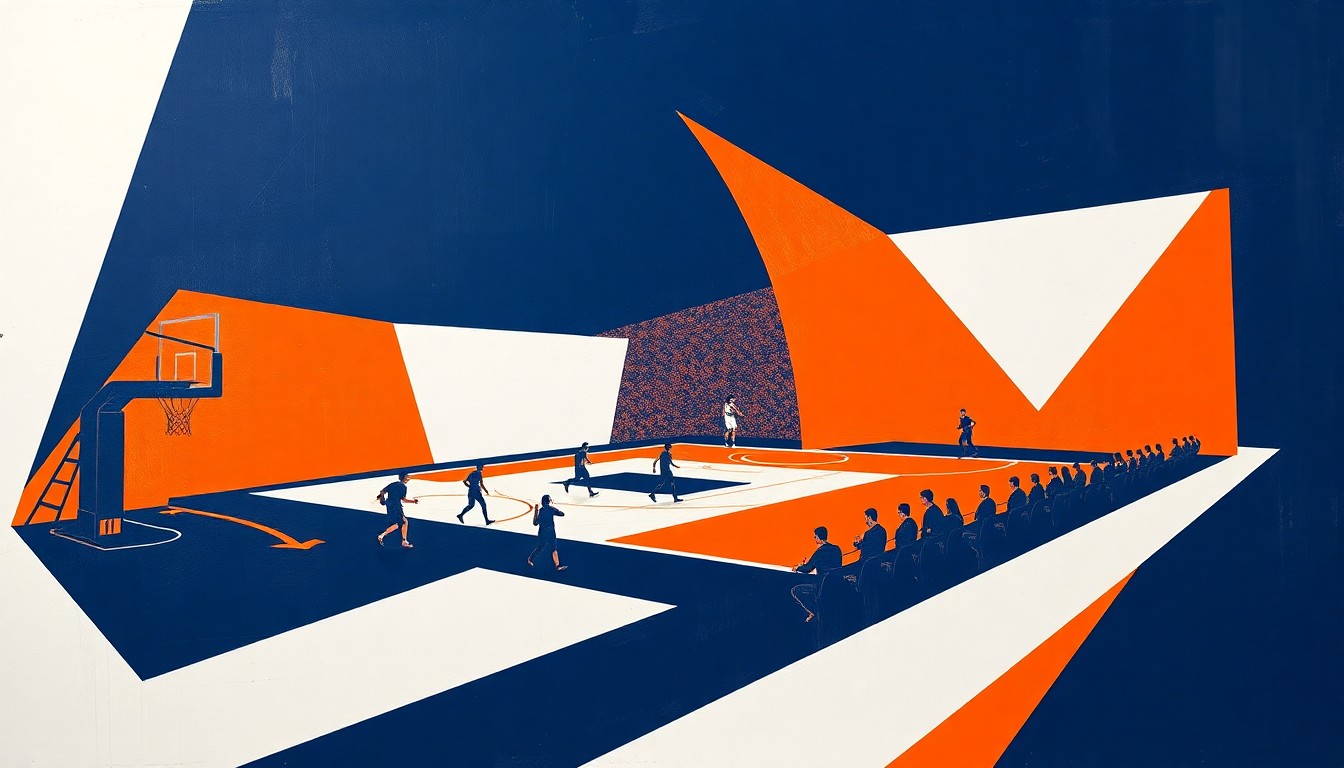 A cubist-style painting featuring fragmented, geometric shapes in shades of orange, navy, and white, capturing the dynamic energy and motion of an Illinois basketball game or practice.