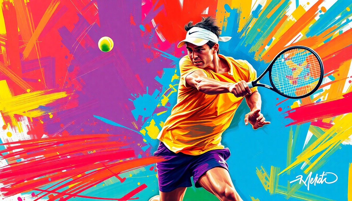 An abstract, energetic painting with bold, neon-colored brushstrokes depicting the dynamic movements of a tennis player in action, conveying the raw intensity of the sport.