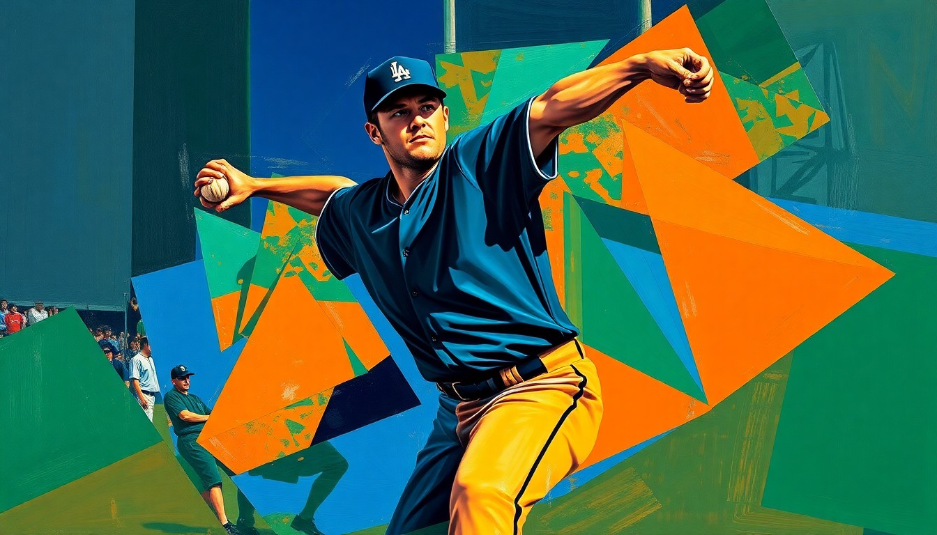A fragmented, geometric painting depicting the overlapping motions and perspectives of a baseball pitcher in action, using bold, contrasting colors to capture the dynamic energy of the sport.