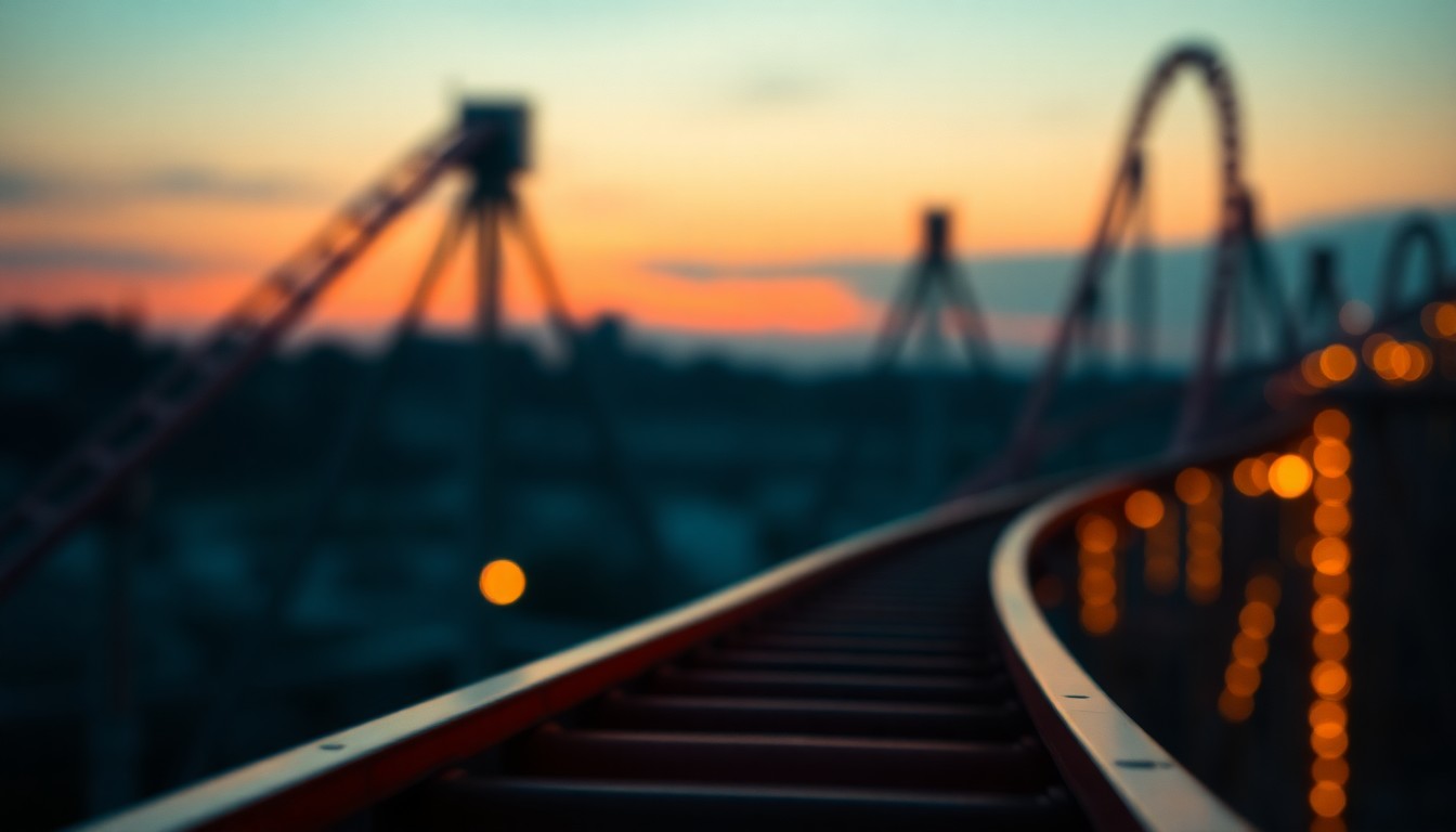 An abstract, impressionistic photograph of a rollercoaster track at dusk, with soft, blurred pools of warm light and color creating a sense of unease and uncertainty about the ride's safety.