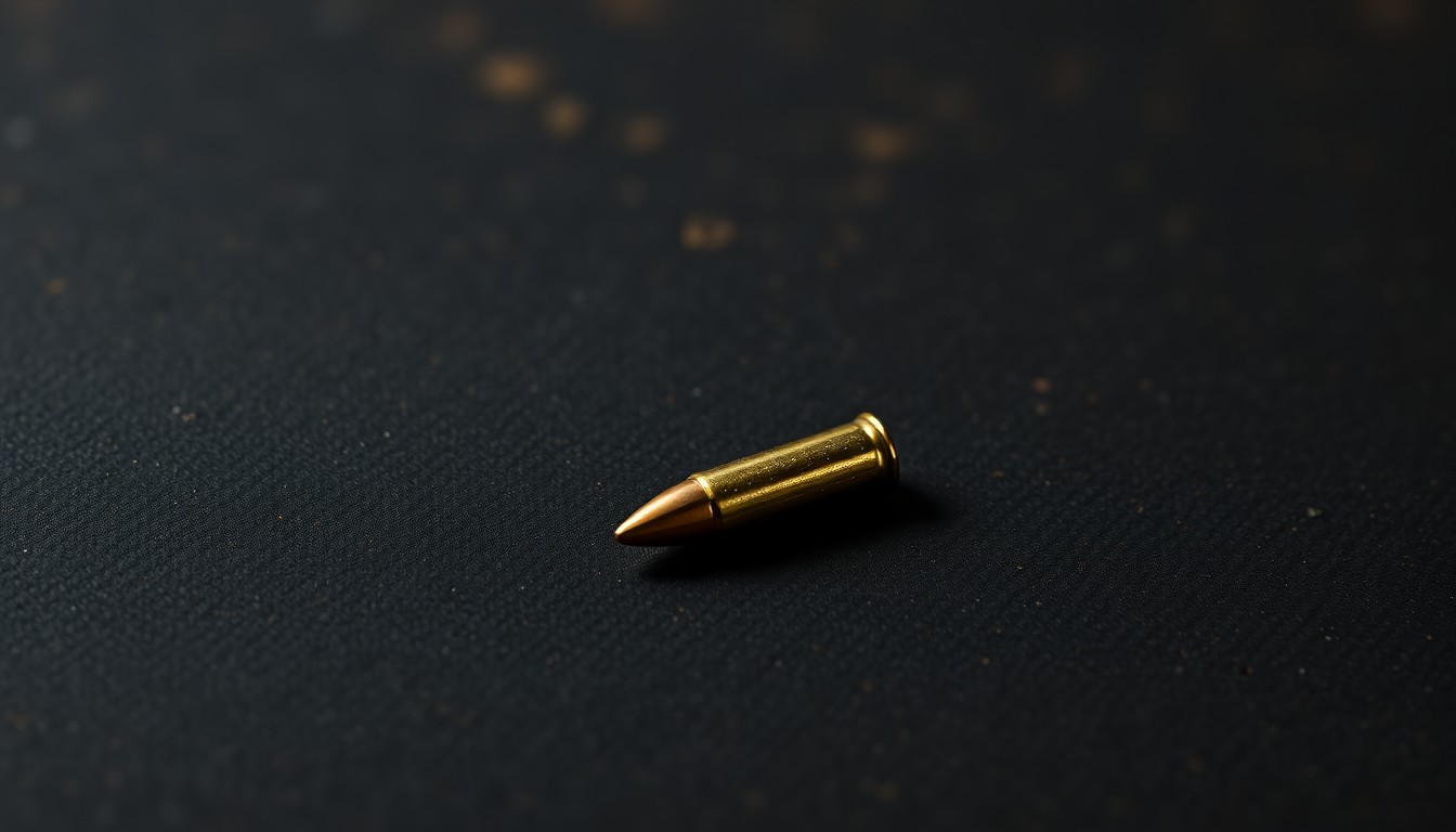 An extreme close-up photograph of a single spent bullet casing on a dark, textured surface, lit by a harsh, direct camera flash, conceptually representing the aftermath of a shooting incident.