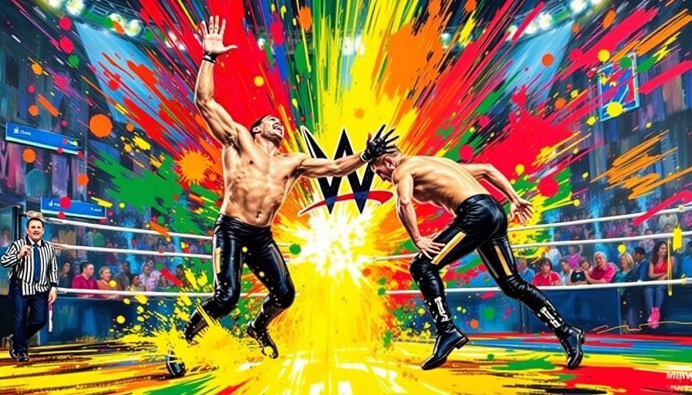 An abstract, expressionist painting featuring dynamic, neon-colored brushstrokes that capture the intense energy and movement of a WWE wrestling match, with figures and logos blending together in a vibrant, chaotic display.