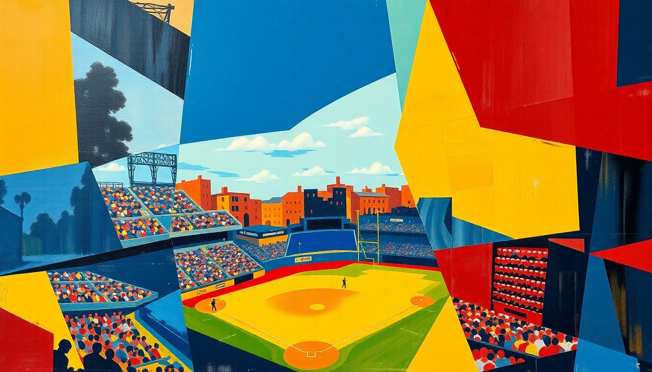 A cubist, geometric painting depicting a college baseball game, with overlapping planes of navy, crimson, and gold representing the dynamic action on the field.