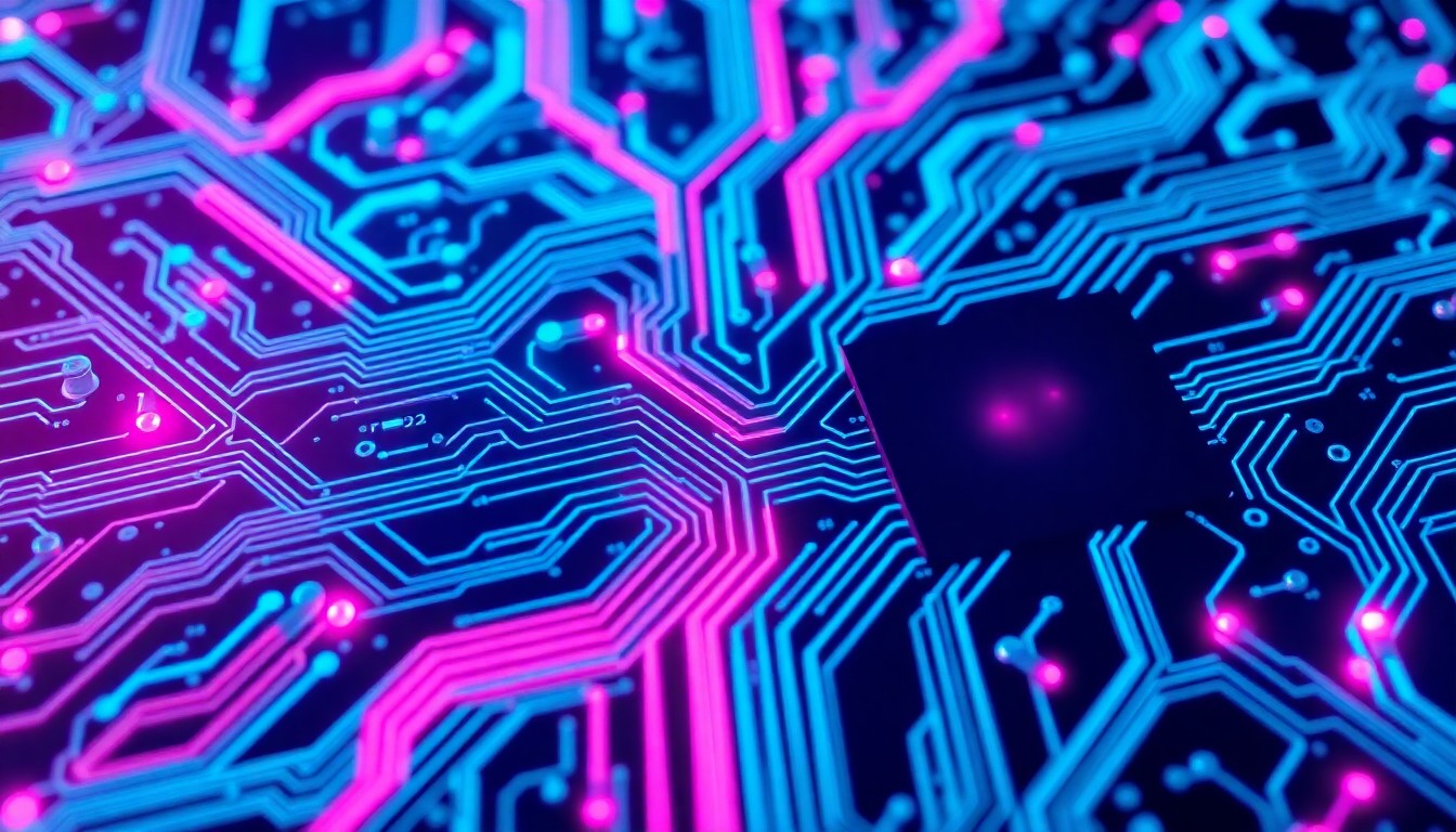 A highly detailed, glowing 3D macro illustration of a complex circuit board with neon cyan and magenta lights pulsing through intricate pathways, conceptually representing the sophisticated technology infrastructure enabling extreme AI-driven productivity.